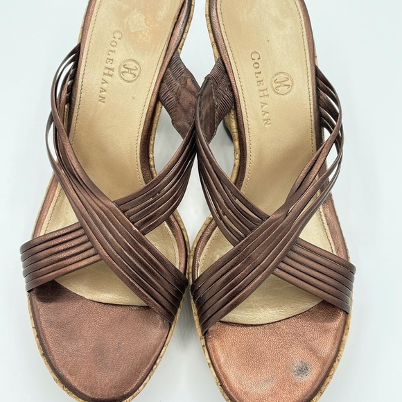 Cole Haan Sz 7B Copper Metallic Cork Wedge Platform Sandals Slip On S2 - Picture 3 of 7